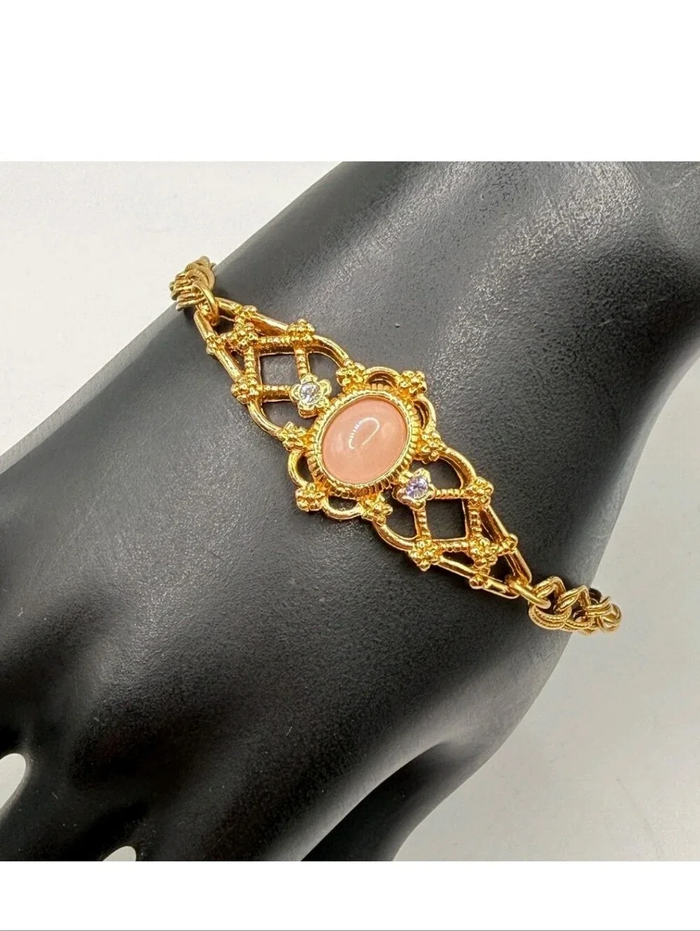 Vtg 70's Avon Gold Tone Filigree Bracelet with Rose Quartz Cabochon